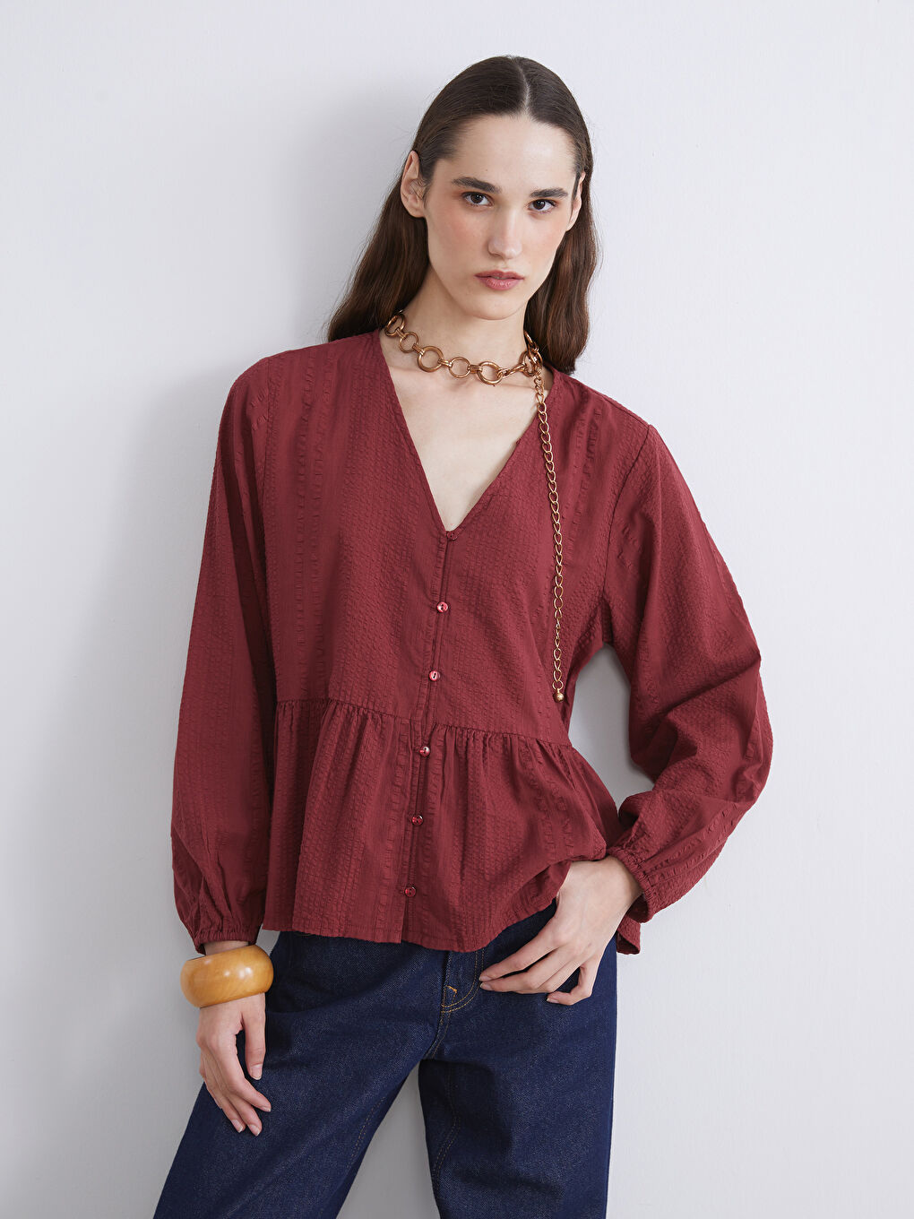 V-Neck Self-Patterned Blouse