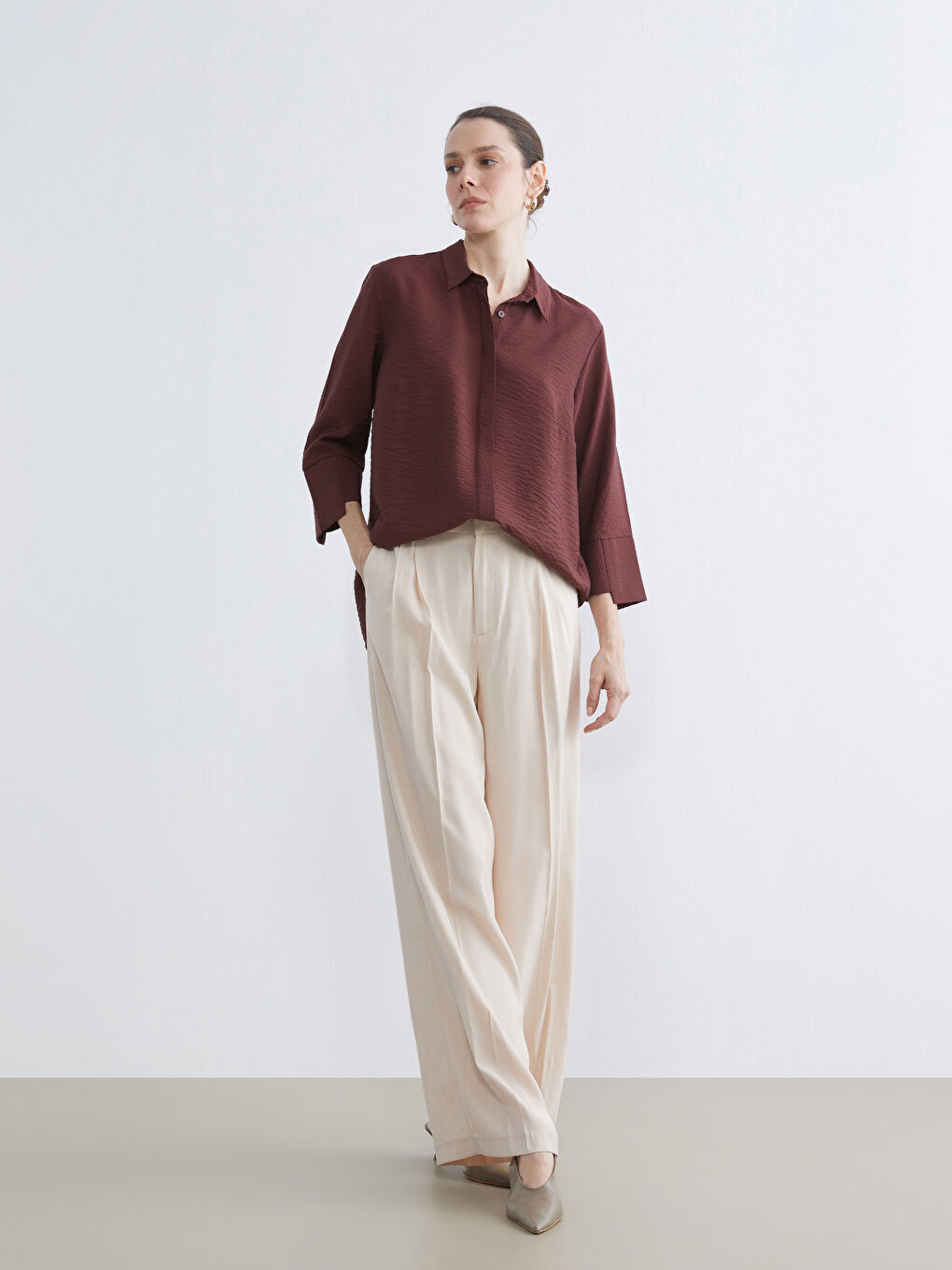 Bordo Dokulu Kadın Gömlek-1