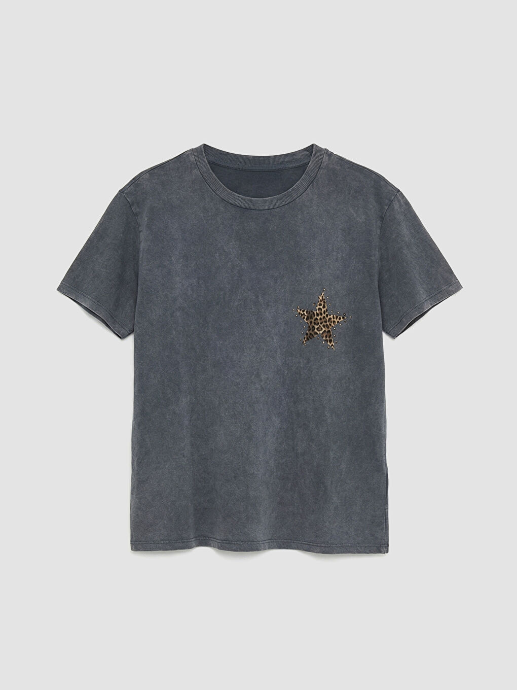 Antrasit Bisiklet Yaka Yıldız Baskılı Kadın Tişört-4