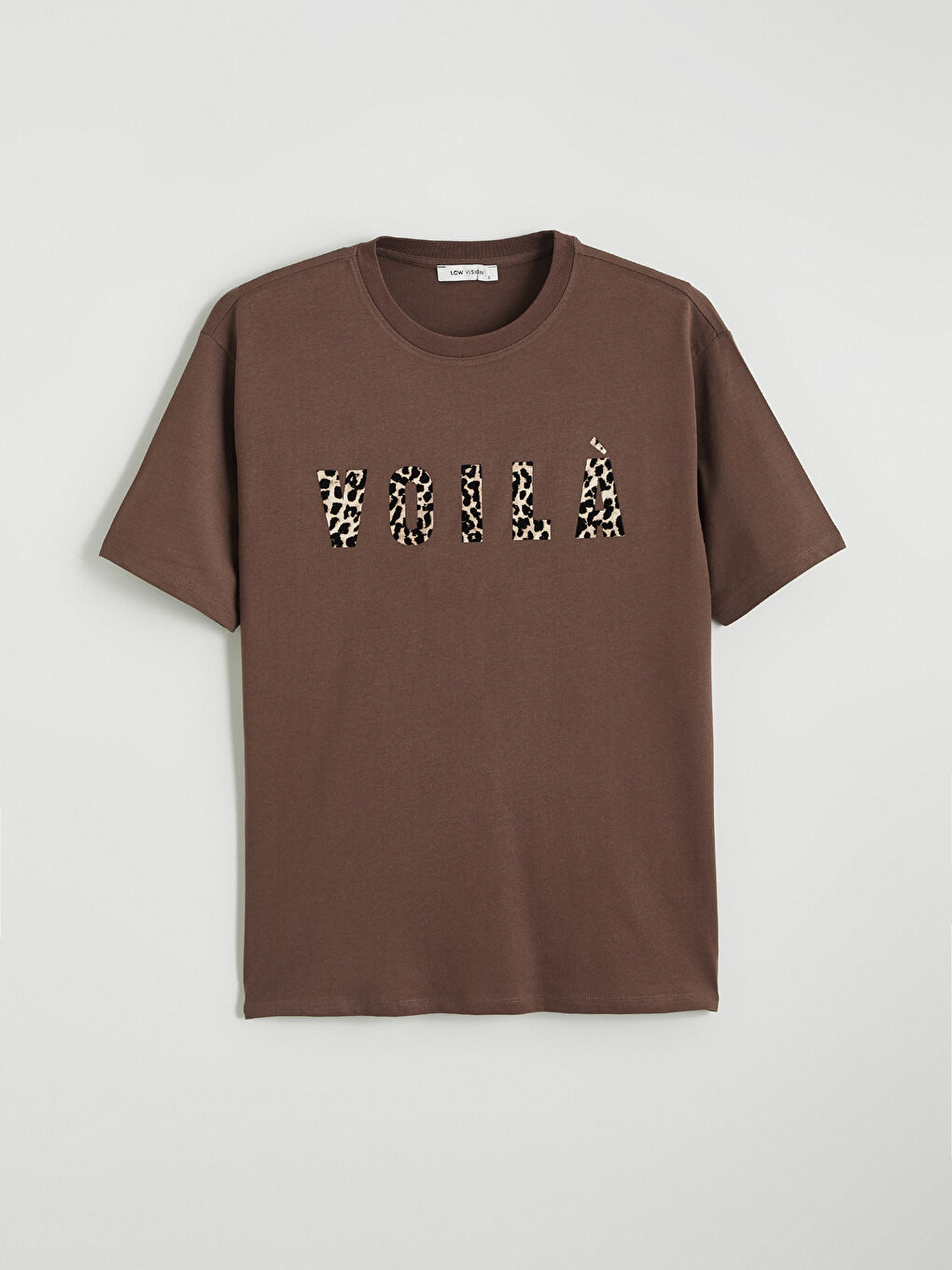 Kahverengi Bisiklet Yaka Baskılı Oversize Kadın Tişört-4