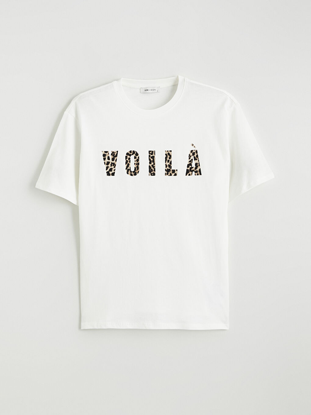 Ekru Bisiklet Yaka Baskılı Oversize Kadın Tişört-4