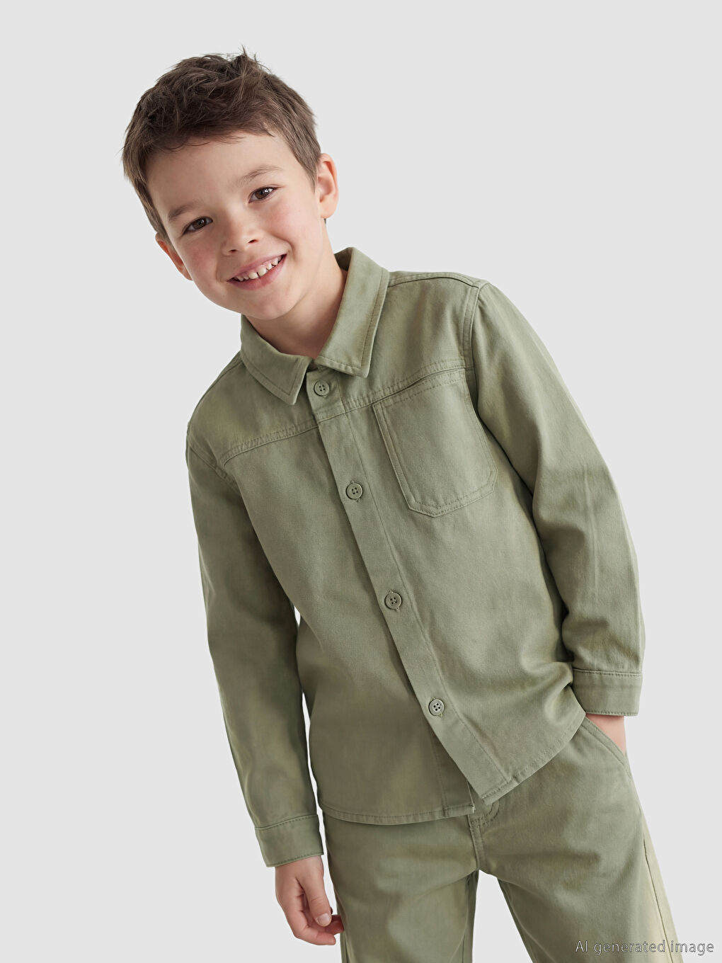 Yeşil Uzun Kollu Erkek Çocuk Gabardin Gömlek