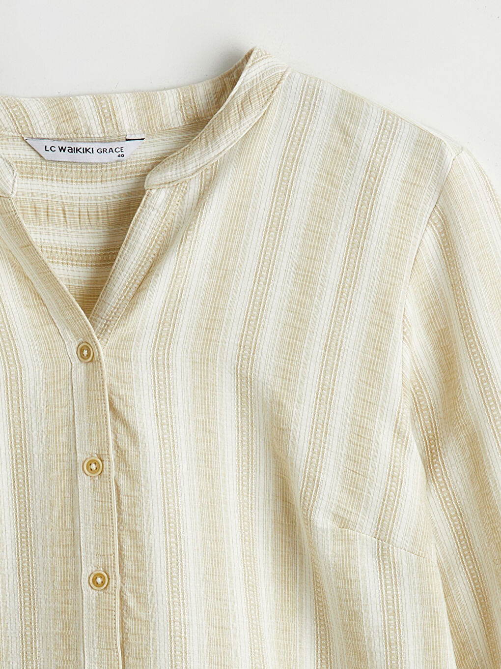 Haki Kaçık Yaka Çizgili Keten Karışımlı Kadın Gömlek-5