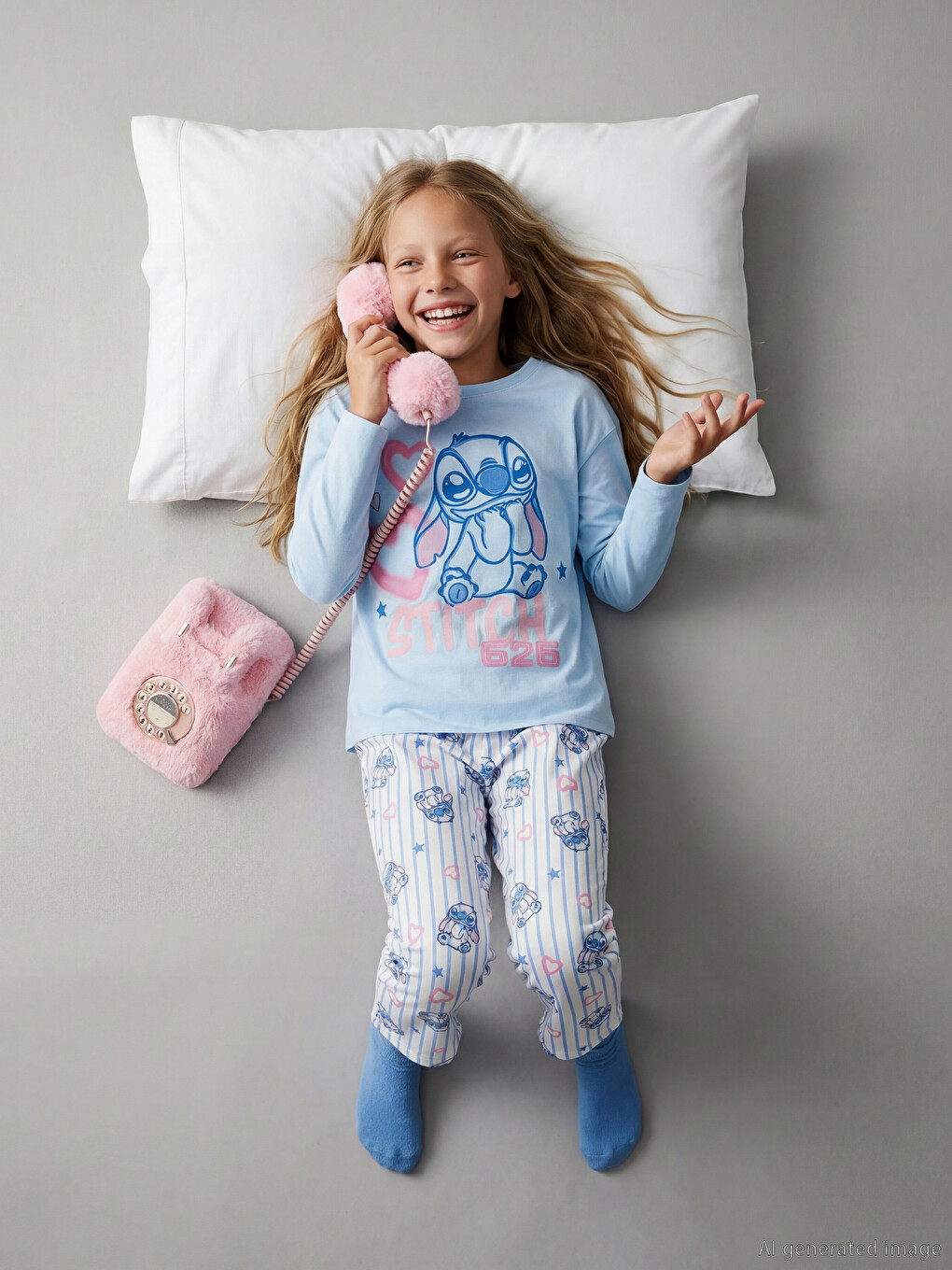 Crew Neck Stitch Printed Girls' Pyjamas Set