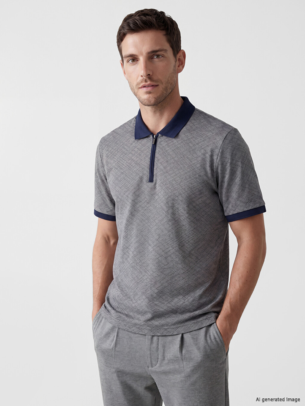 T-shirt i teksturuar me jakë polo për meshkuj