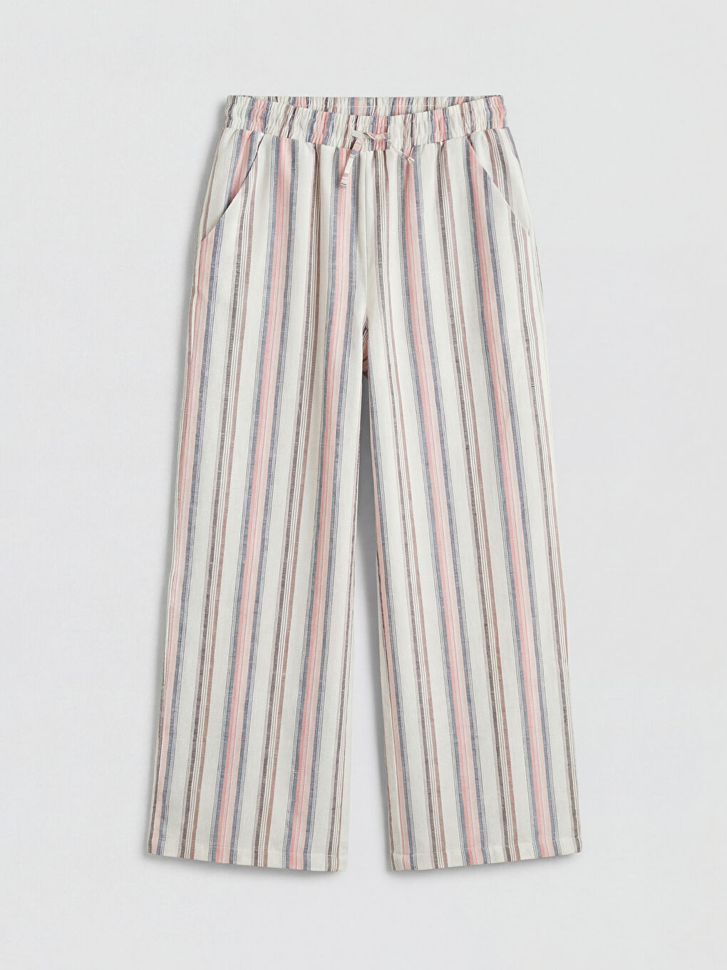 Ekru Çizgili Kız Çocuk Keten Karışımlı Pantolon