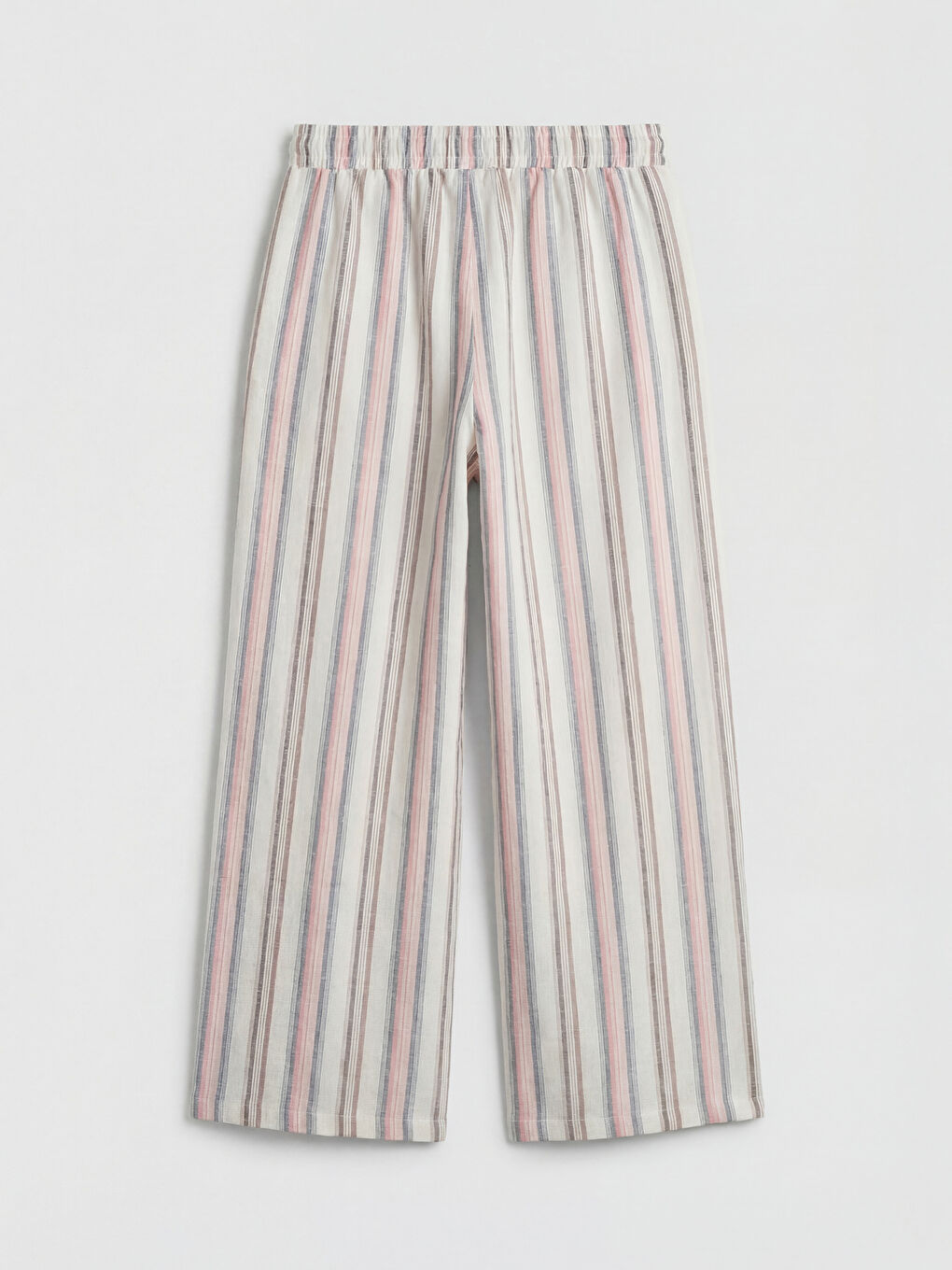 Ekru Çizgili Kız Çocuk Keten Karışımlı Pantolon-1