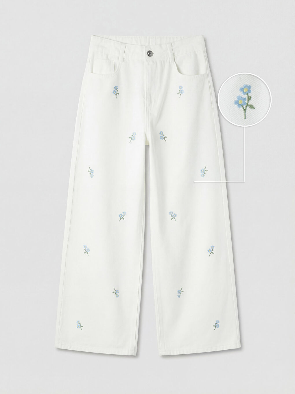 Ekru Wideleg Nakışlı Kız Çocuk Pantolon