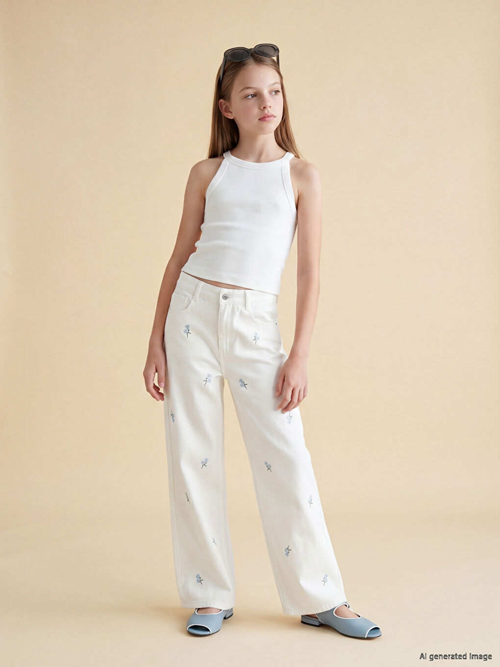 Wideleg Embroidered Girls' Trousers-1