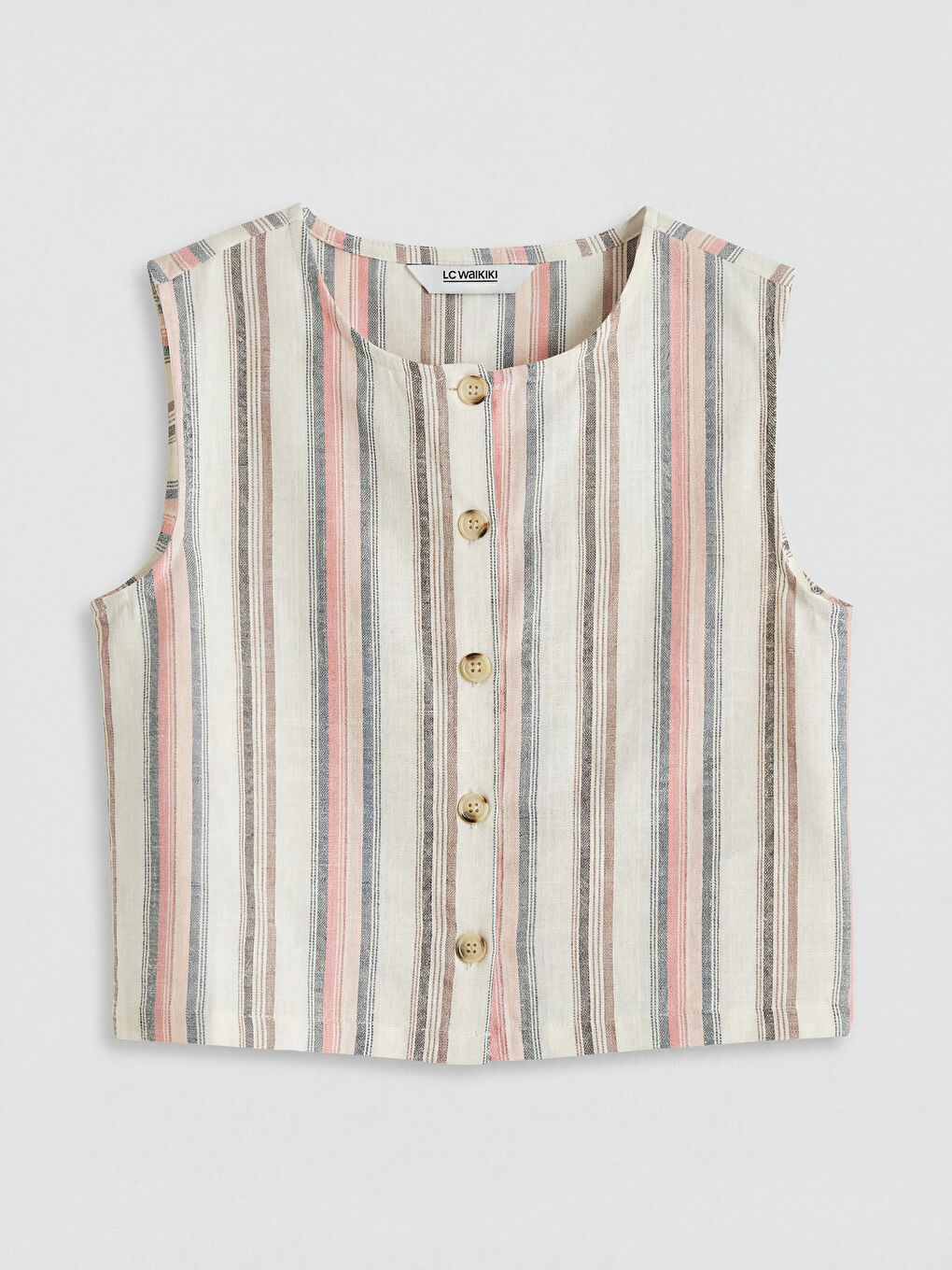 Ekru Çizgili Keten Karışımı Kız Çocuk Gömlek