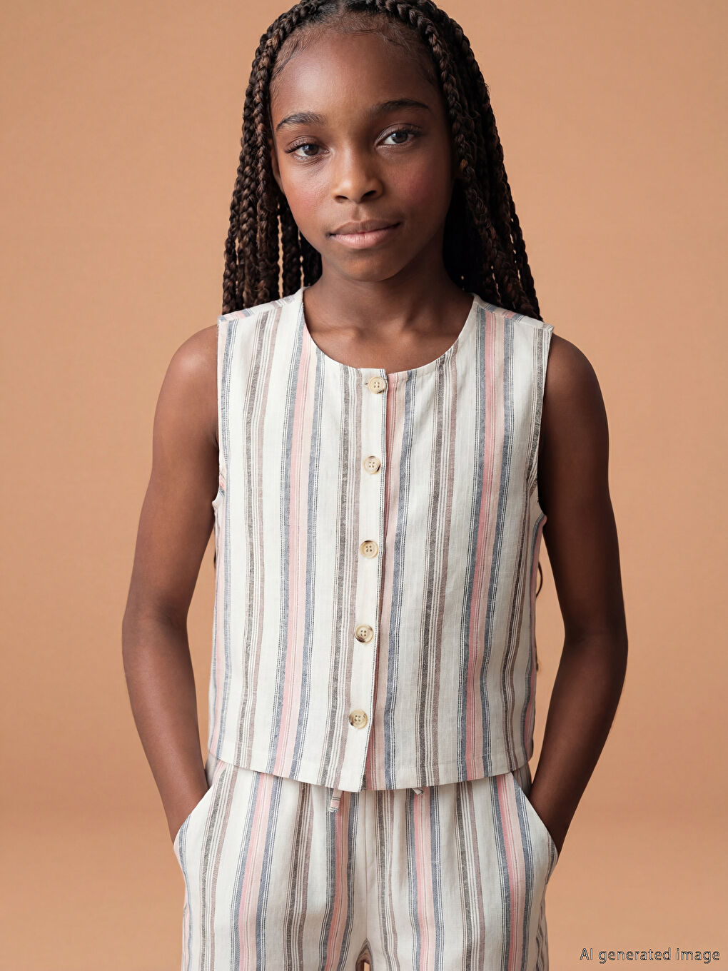 Ekru Çizgili Keten Karışımı Kız Çocuk Gömlek-1