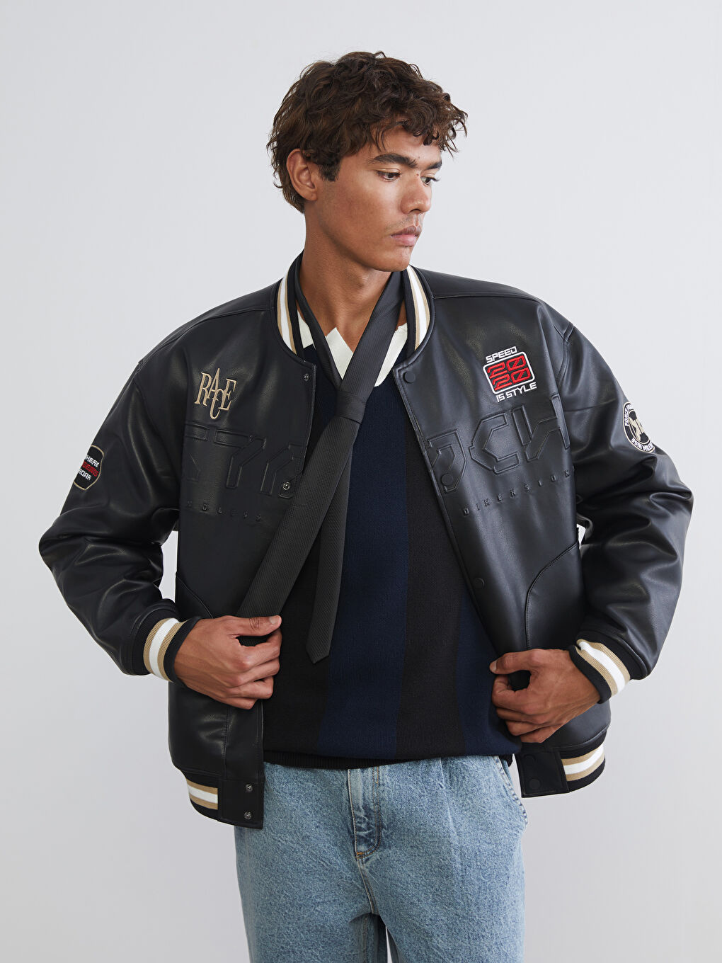 Свободное Мужское Пальто из Искусственной Кожи с Воротником Колледж