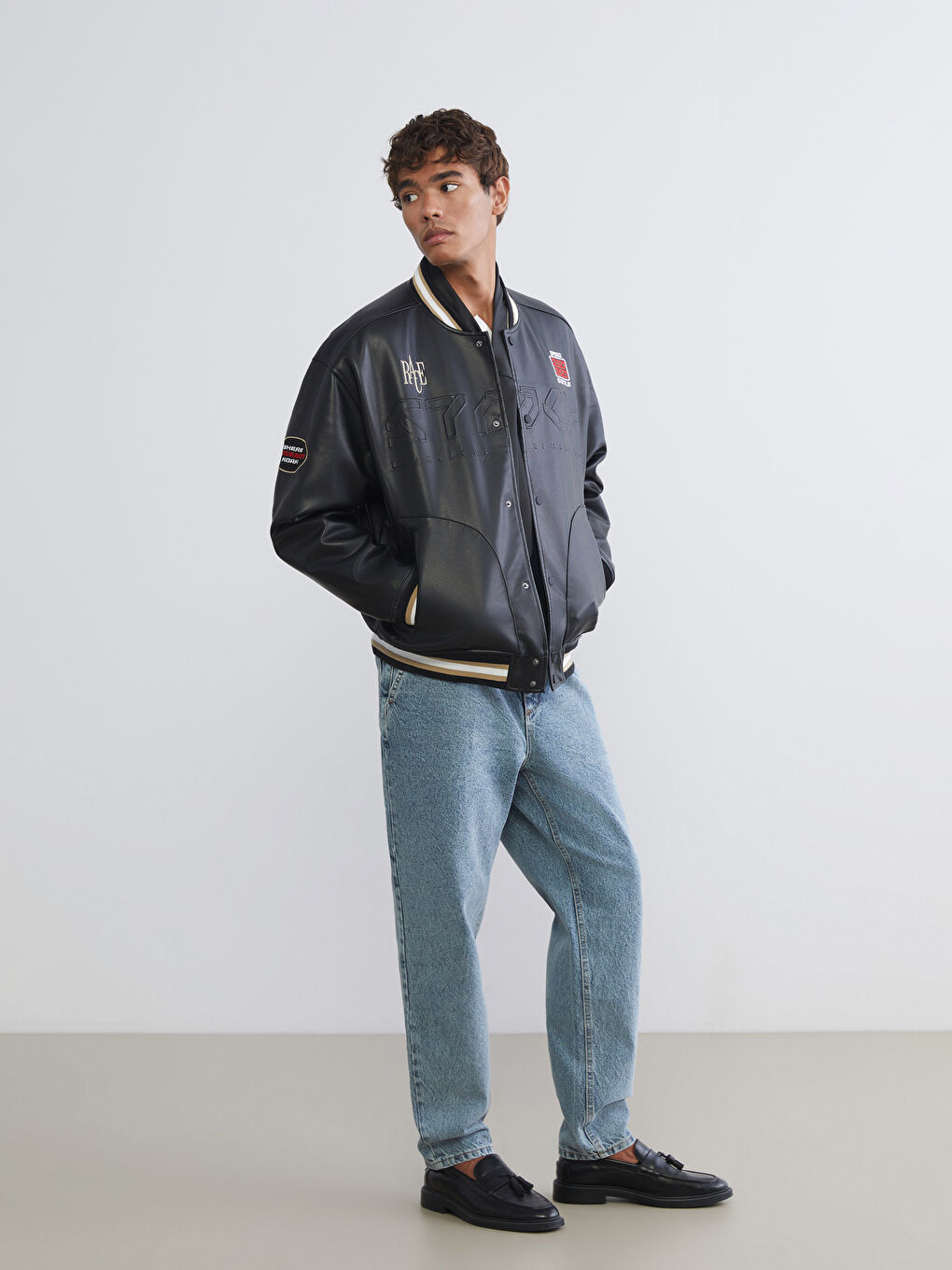 Свободное Мужское Пальто из Искусственной Кожи с Воротником Колледж-1