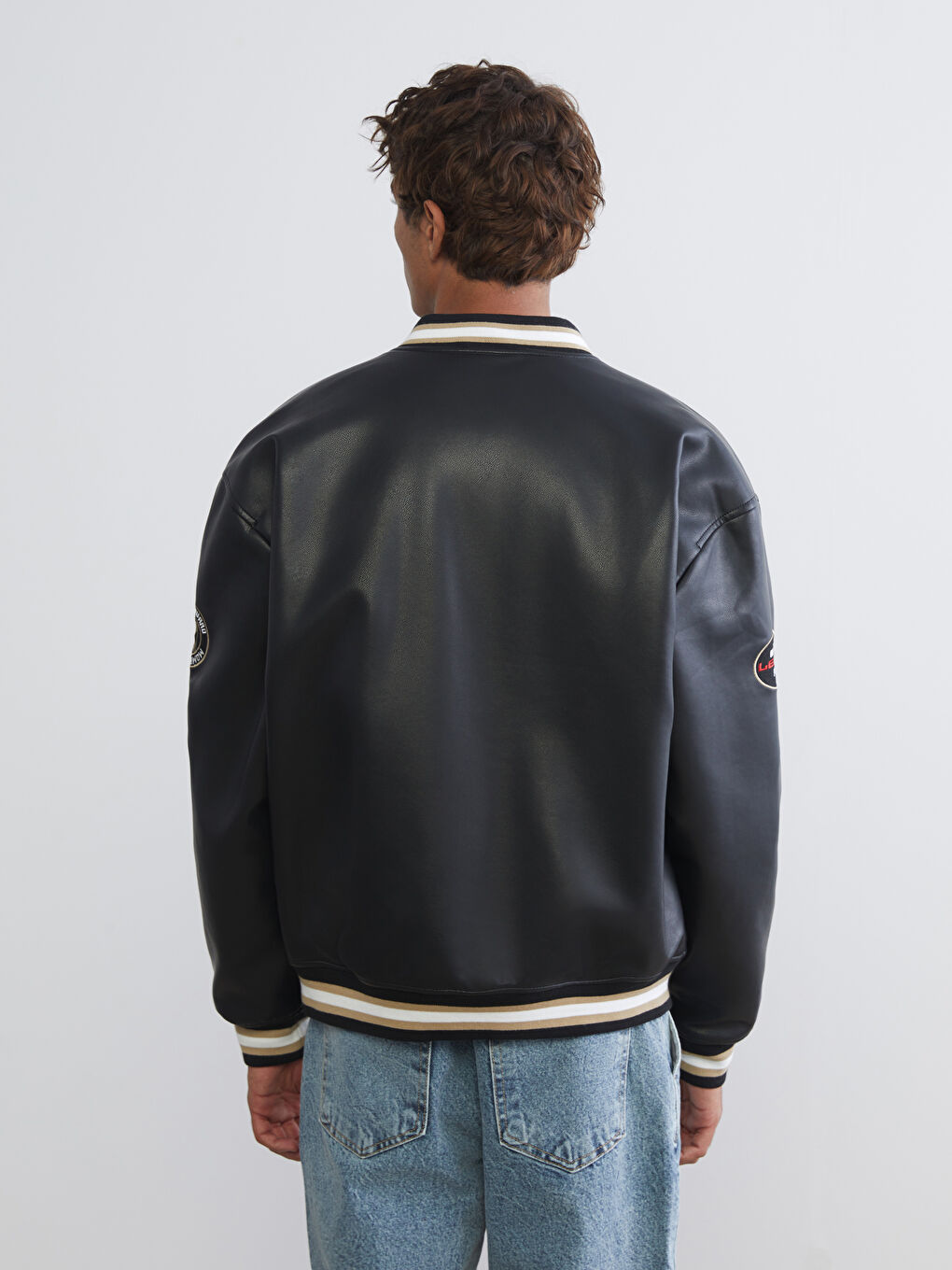 Свободное Мужское Пальто из Искусственной Кожи с Воротником Колледж-4