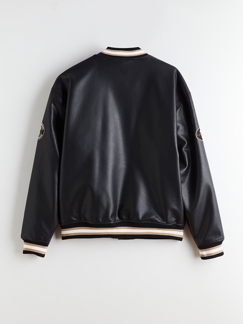 Siyah Rahat Kalıp Kolej Yaka Erkek Deri Görünümlü Mont-6