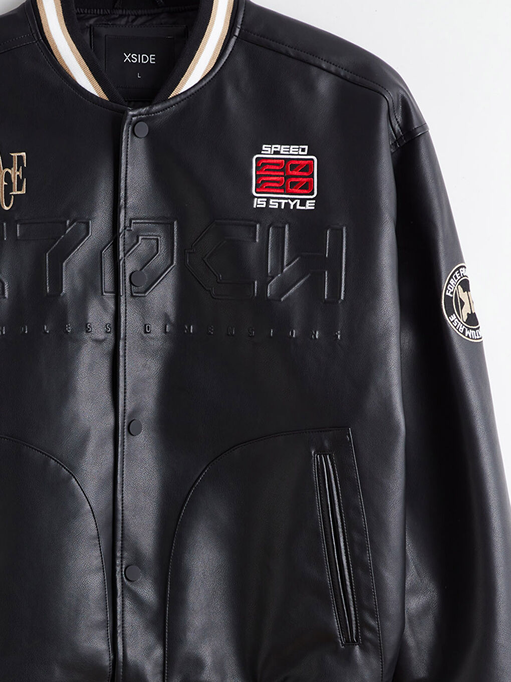 Siyah Rahat Kalıp Kolej Yaka Erkek Deri Görünümlü Mont-7