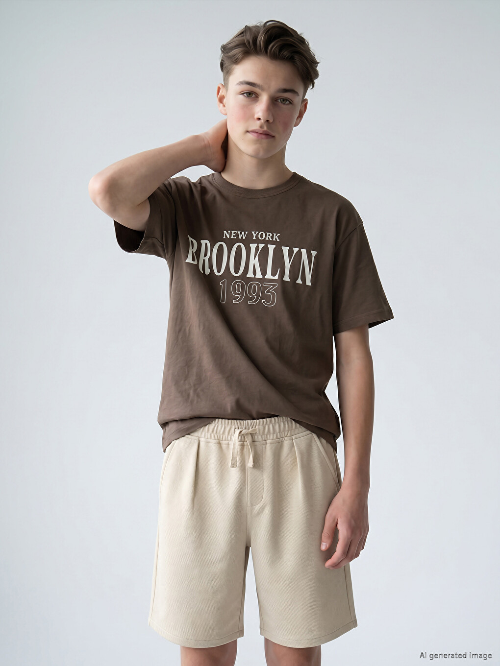 Kahverengi Standart Fit New York Baskılı Erkek Çocuk Tişört