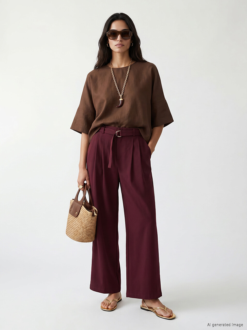 Women's Fabric Trousers with Belted Waist and Pleats