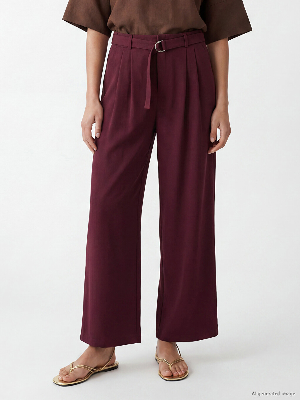 Women's Fabric Trousers with Belted Waist and Pleats-1