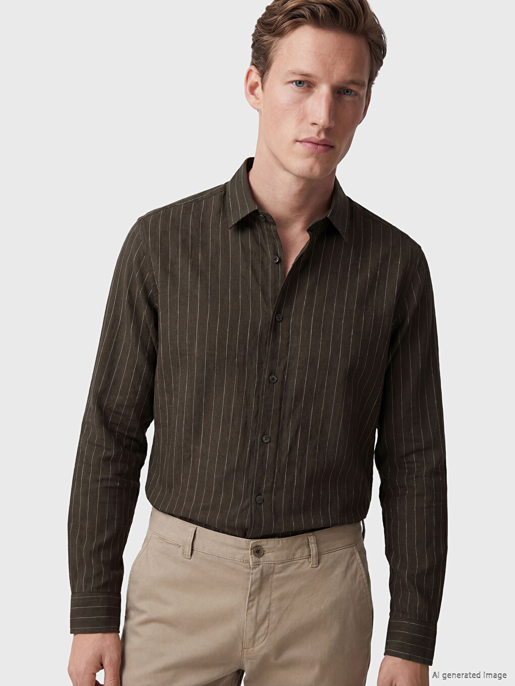 Haki Regular Fit Çizgili Poplin Erkek Gömlek