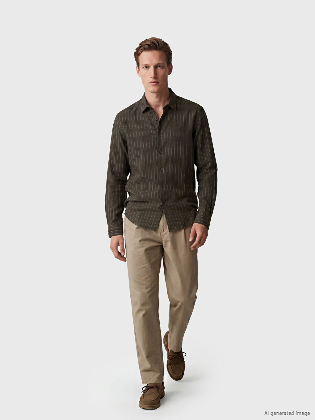 Haki Regular Fit Çizgili Poplin Erkek Gömlek-1