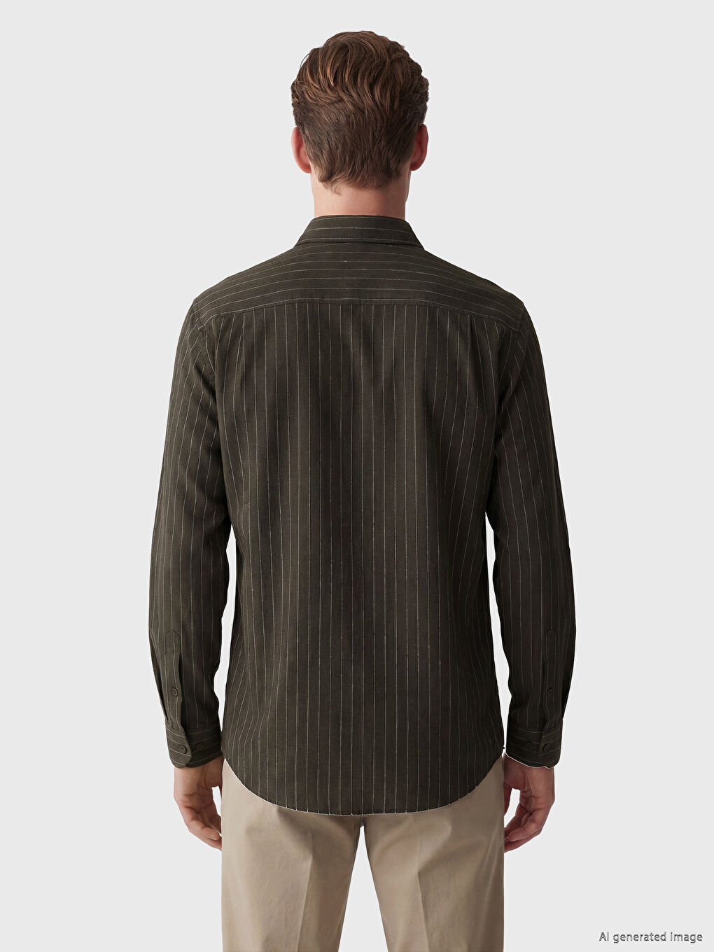 Haki Regular Fit Çizgili Poplin Erkek Gömlek-3