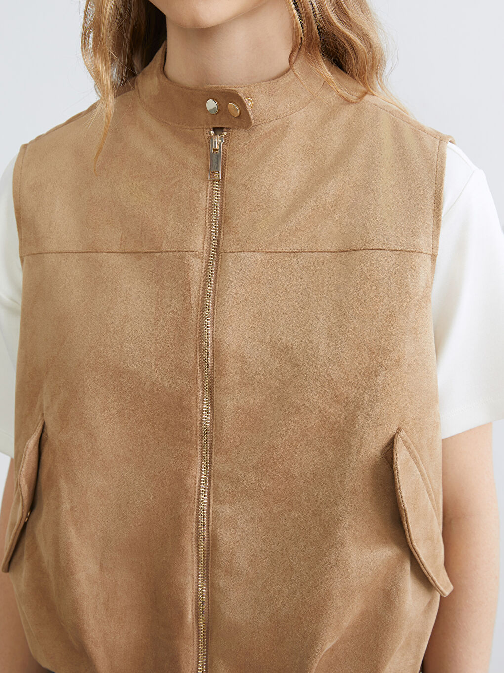 Kahverengi Dik Yaka Oversize Kadın Süet Görünümlü Yelek-2
