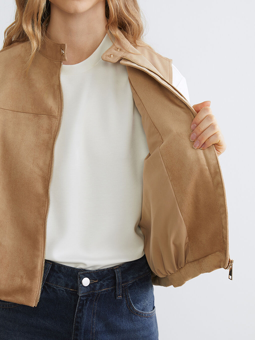 Kahverengi Dik Yaka Oversize Kadın Süet Görünümlü Yelek-3