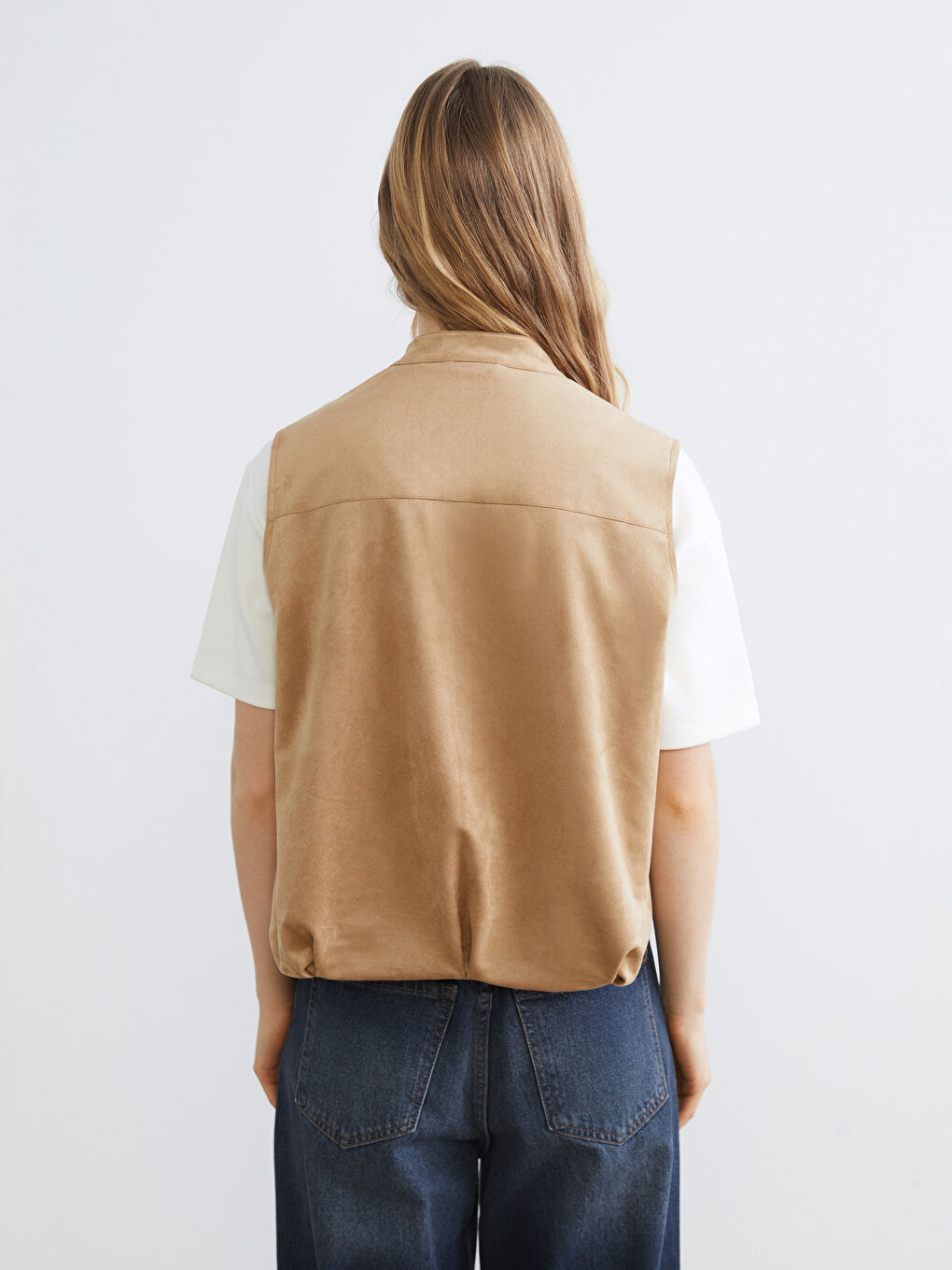 Kahverengi Dik Yaka Oversize Kadın Süet Görünümlü Yelek-4