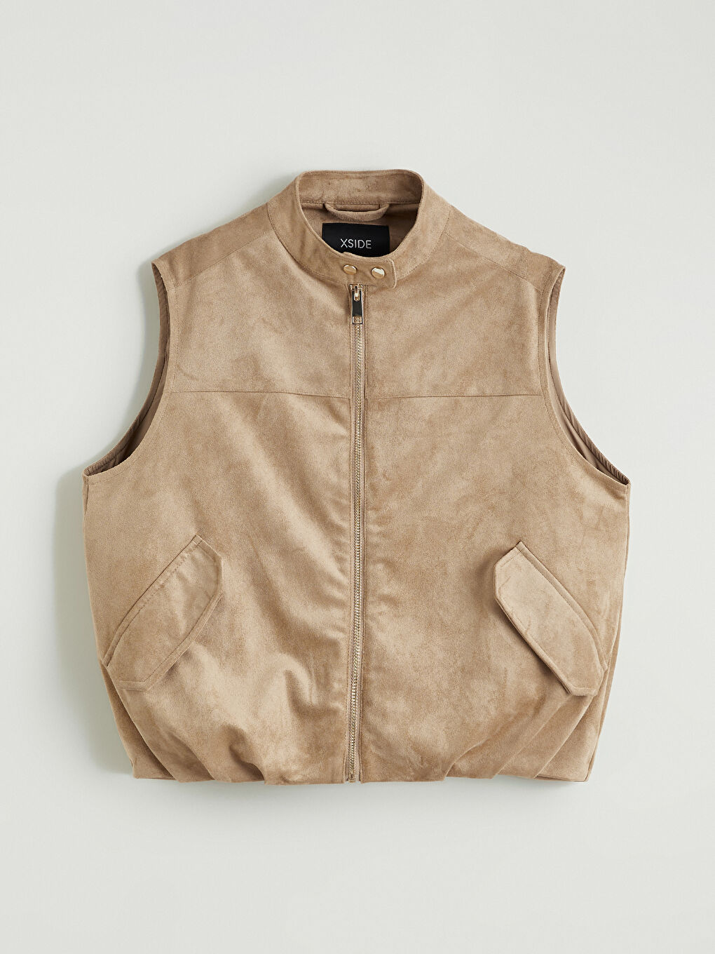 Kahverengi Dik Yaka Oversize Kadın Süet Görünümlü Yelek-5