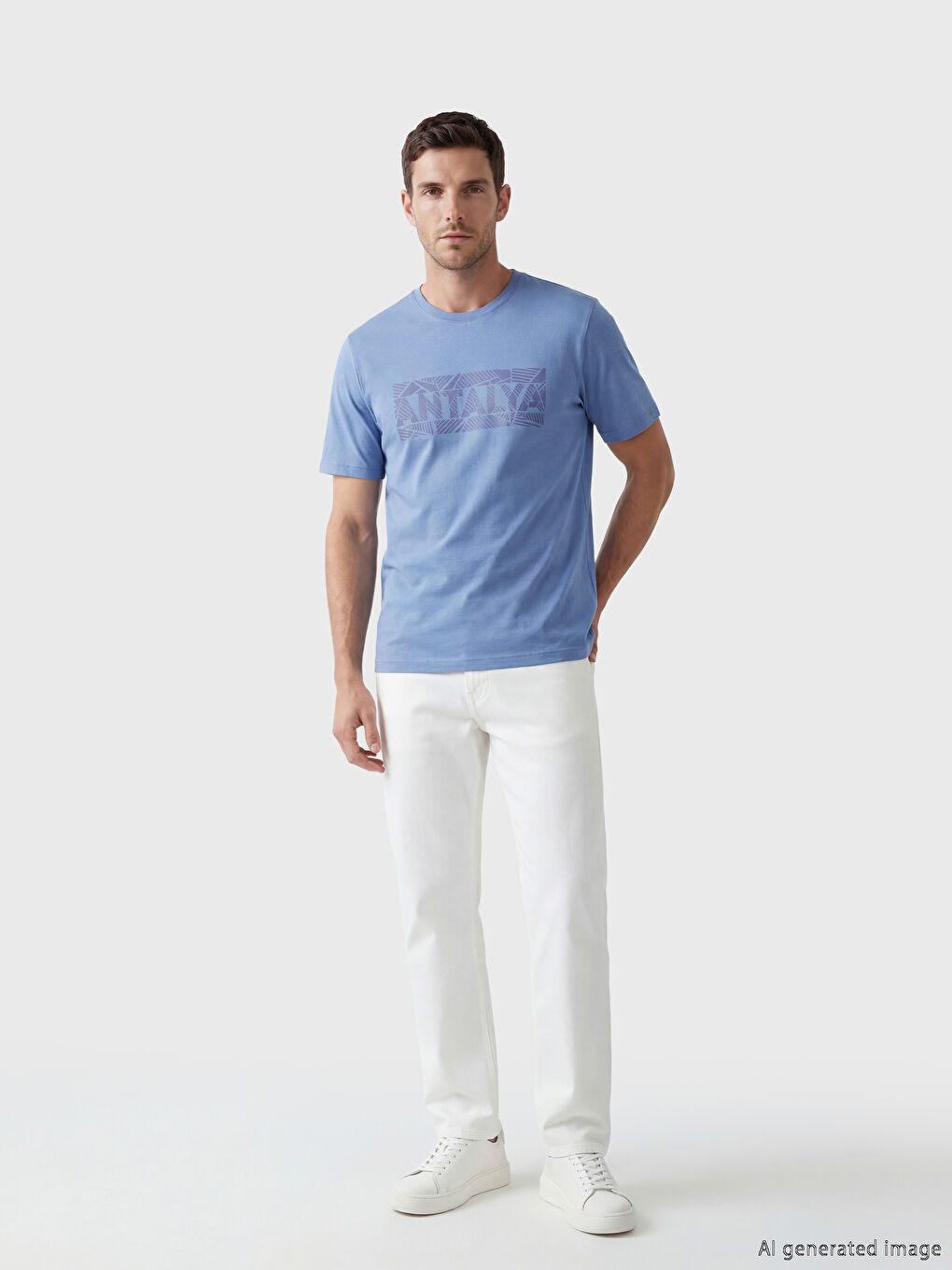 Mavi Antalya Baskılı Bisiklet Yaka Erkek Tişört-1