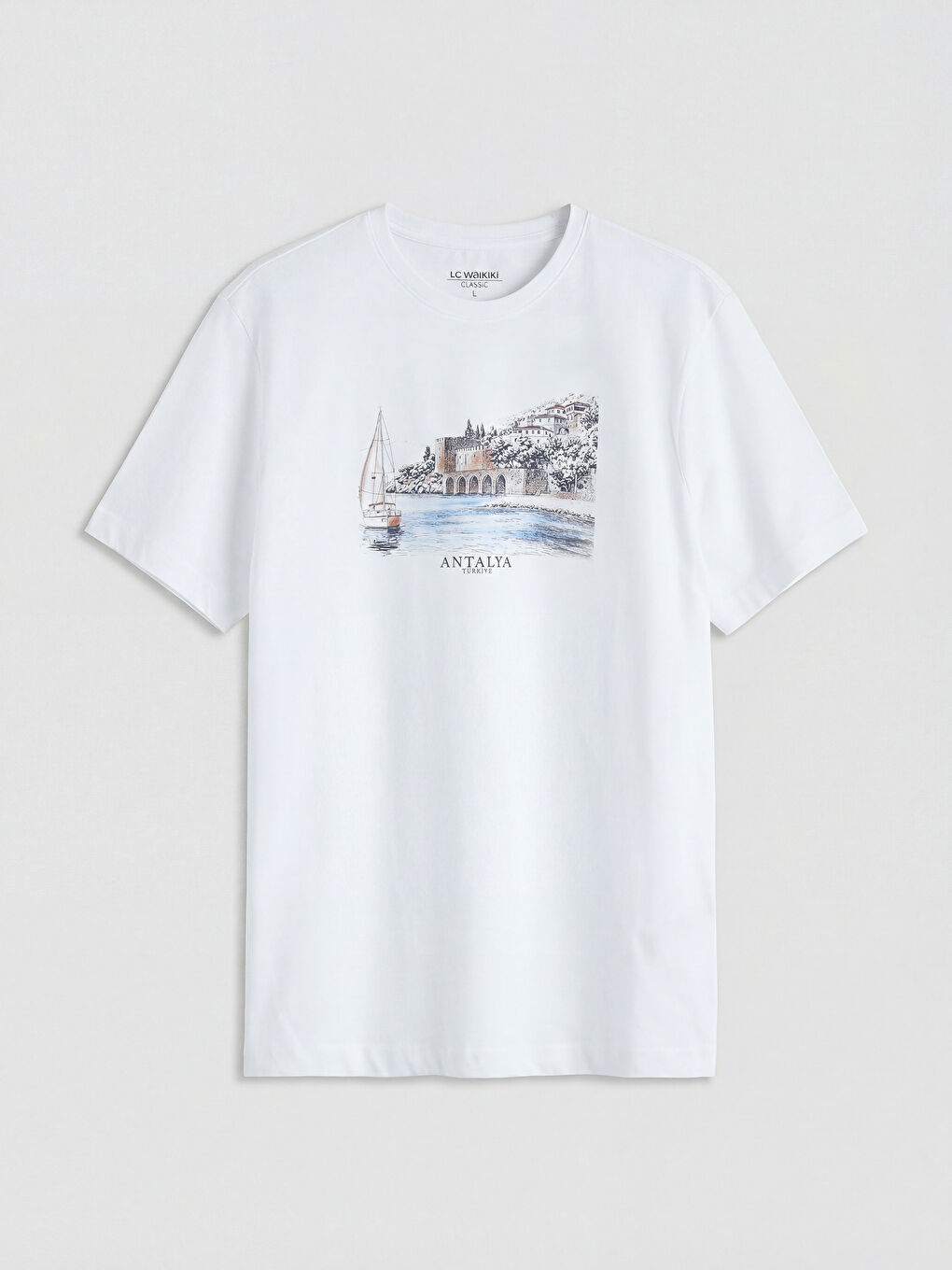 Beyaz Bisiklet Yaka Antalya Baskılı Erkek Tişört