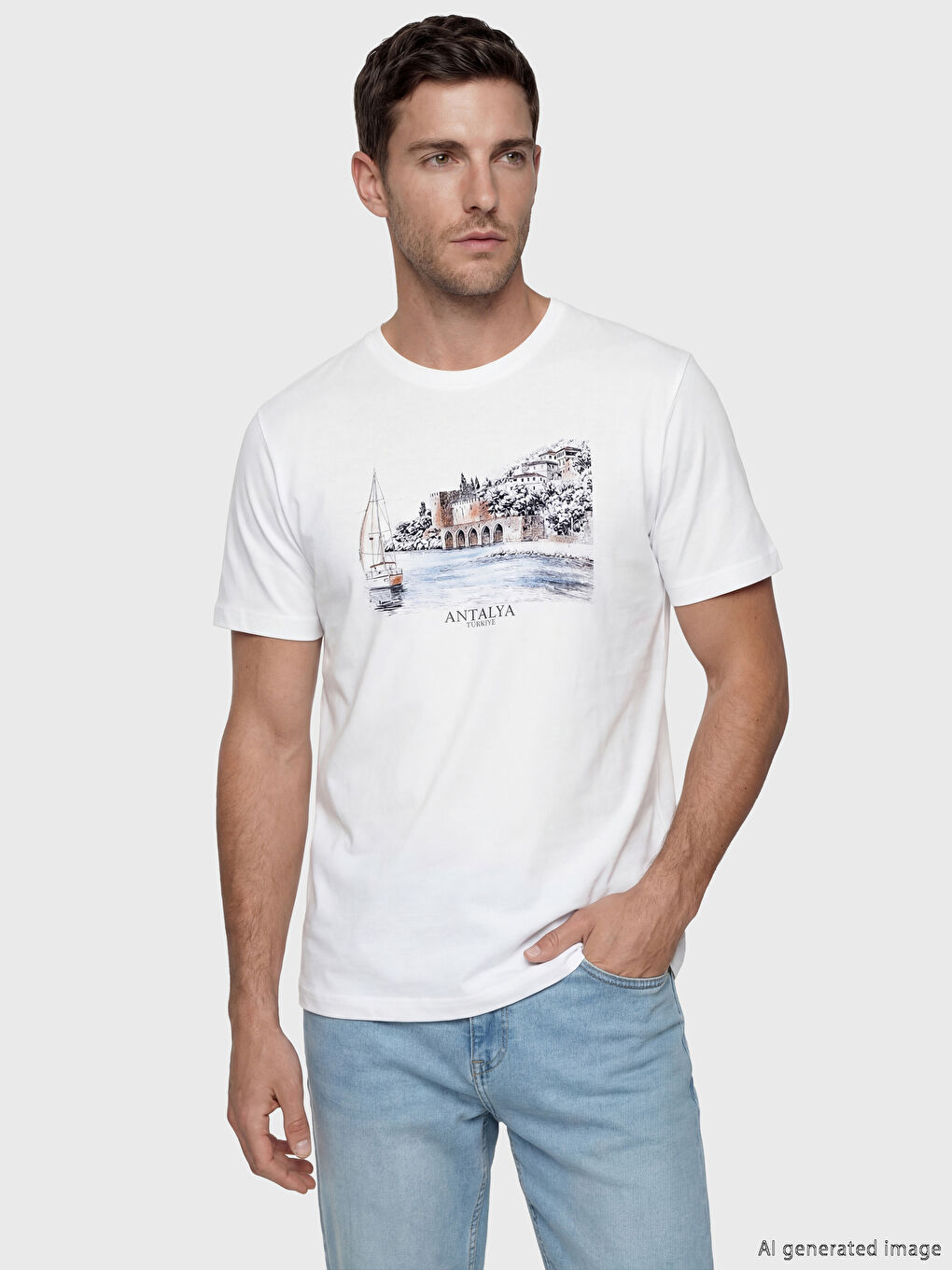 Beyaz Bisiklet Yaka Antalya Baskılı Erkek Tişört