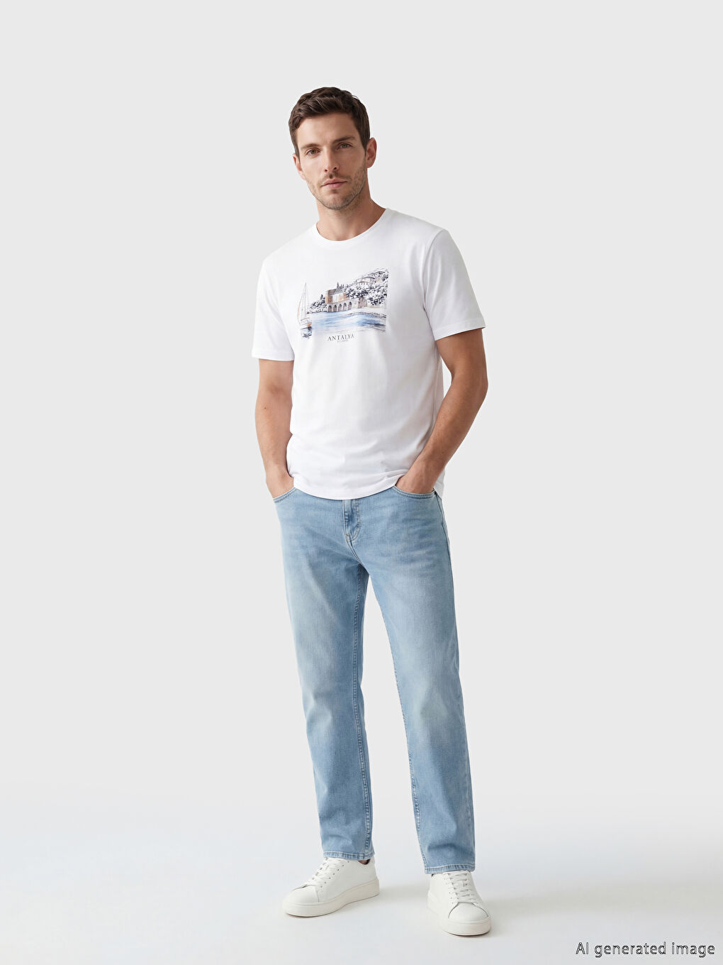 Beyaz Bisiklet Yaka Antalya Baskılı Erkek Tişört-1