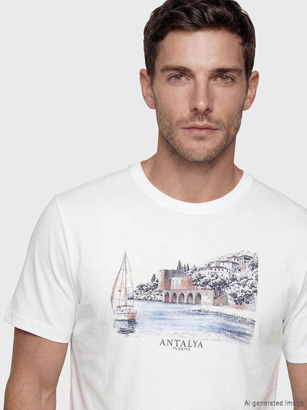 Beyaz Bisiklet Yaka Antalya Baskılı Erkek Tişört-2