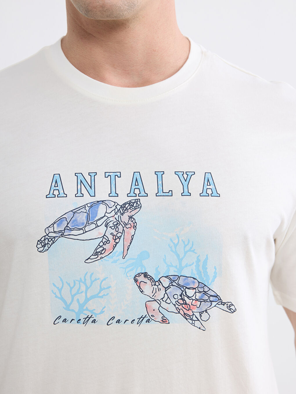 Ekru Bisiklet Yaka Antalya Baskılı Erkek Tişört-2