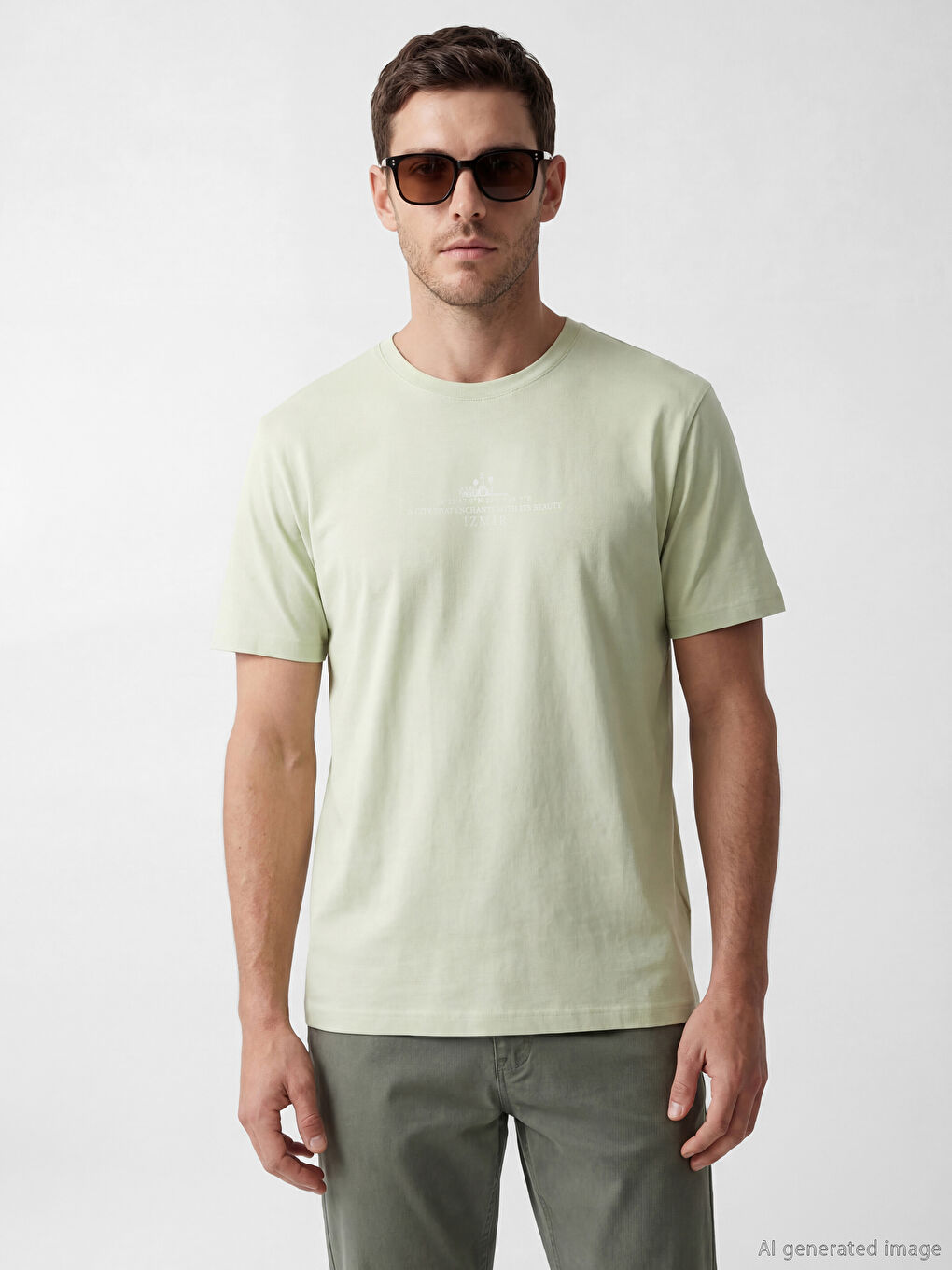 Yeşil Bisiklet Yaka İzmir Baskılı Erkek Tişört