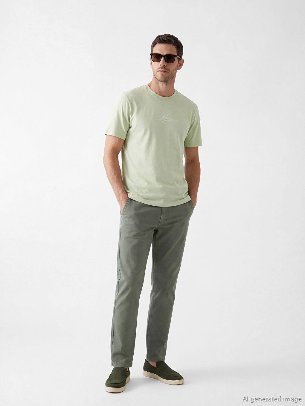 Yeşil Bisiklet Yaka İzmir Baskılı Erkek Tişört-1