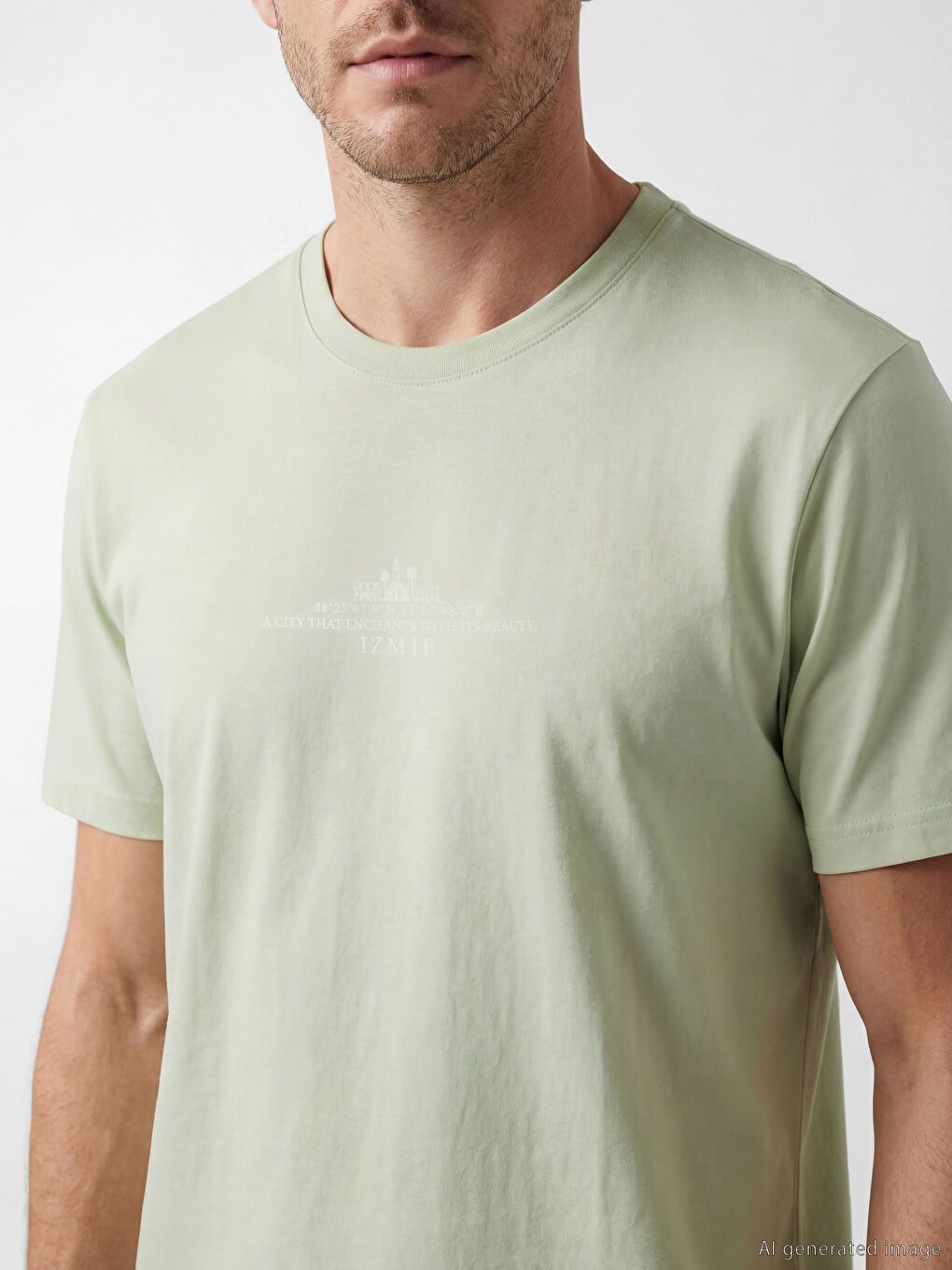 Yeşil Bisiklet Yaka İzmir Baskılı Erkek Tişört-2