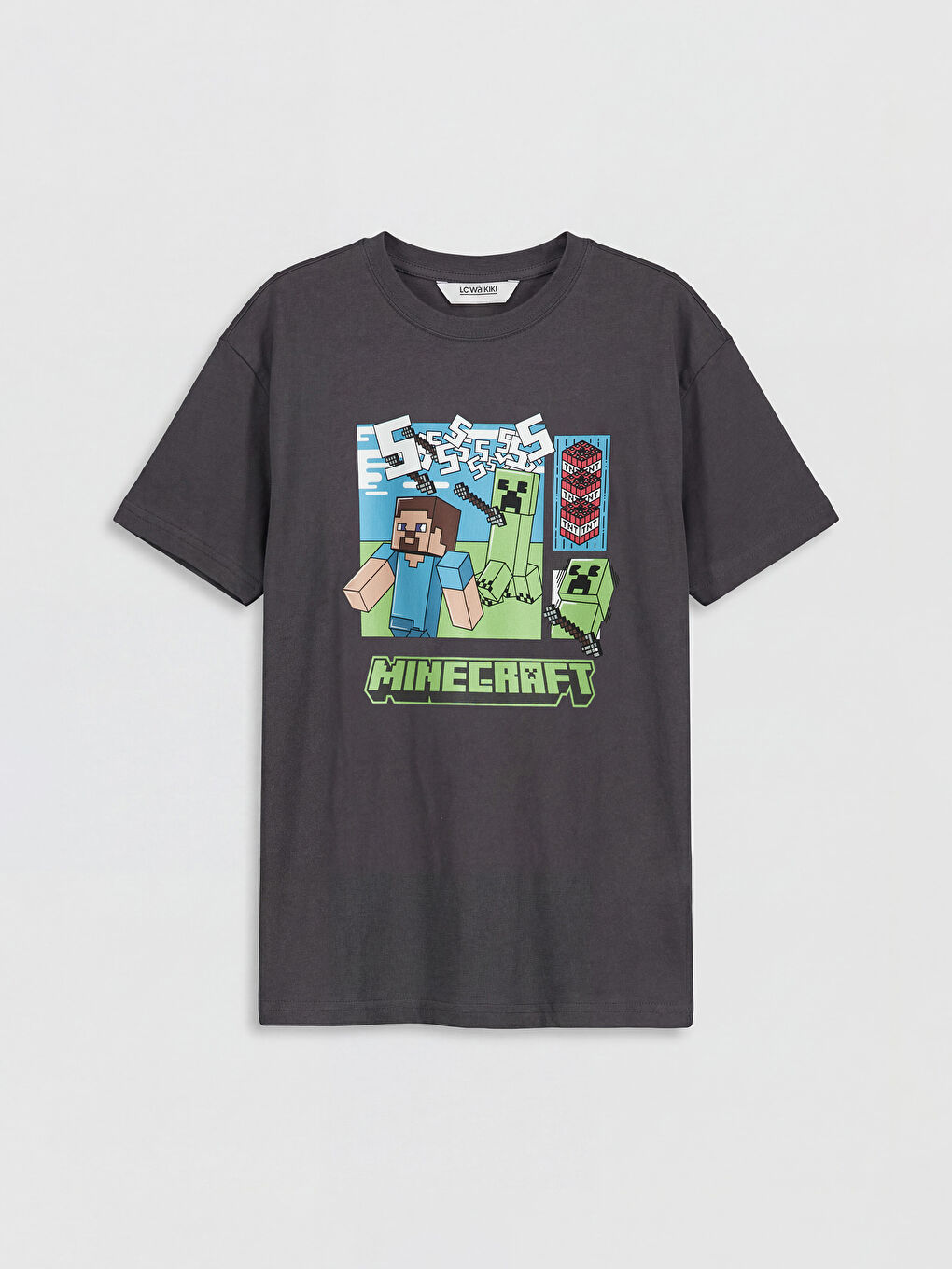 Antrasit Bisiklet Yaka Minecraft Baskılı Erkek Çocuk Tişört