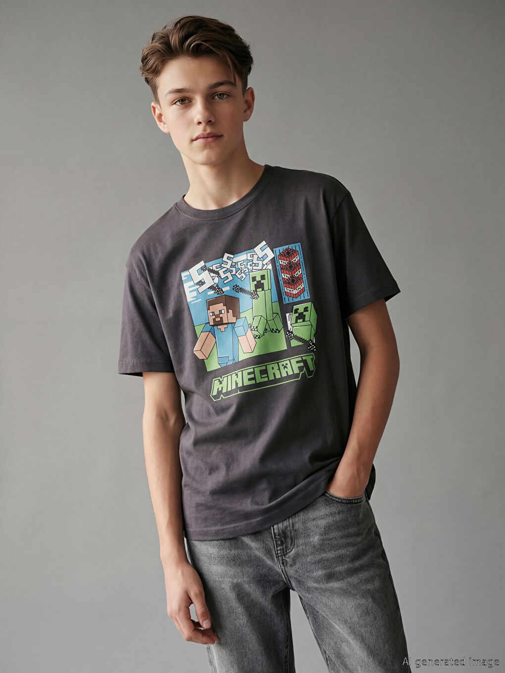 Crew Neck Minecraft Printed Boys' T-Shirt