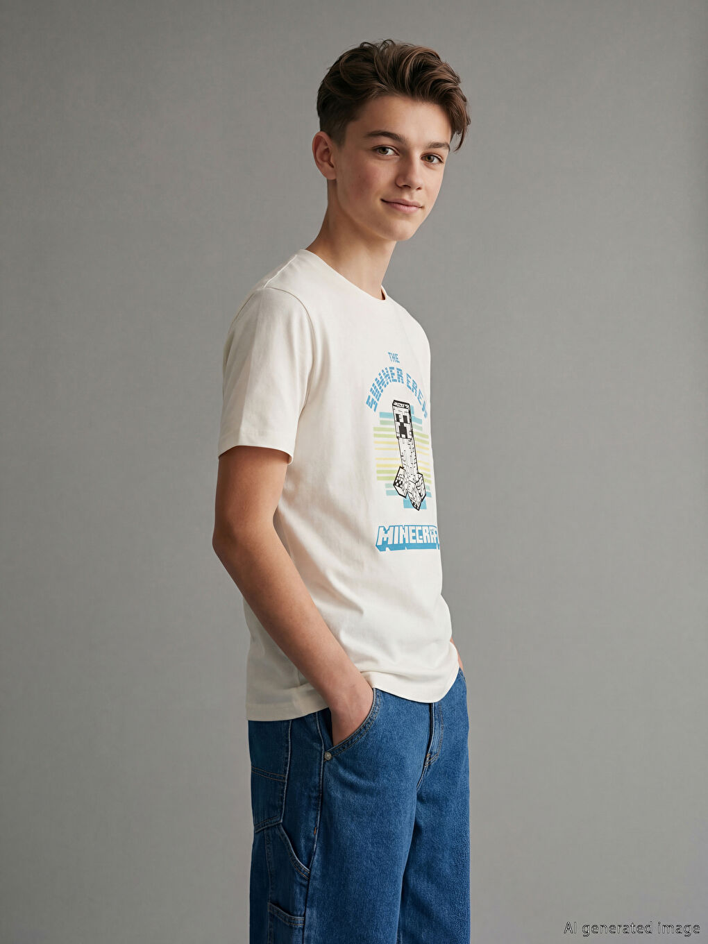Ekru Bisiklet Yaka Minecraft Baskılı Erkek Çocuk Tişört