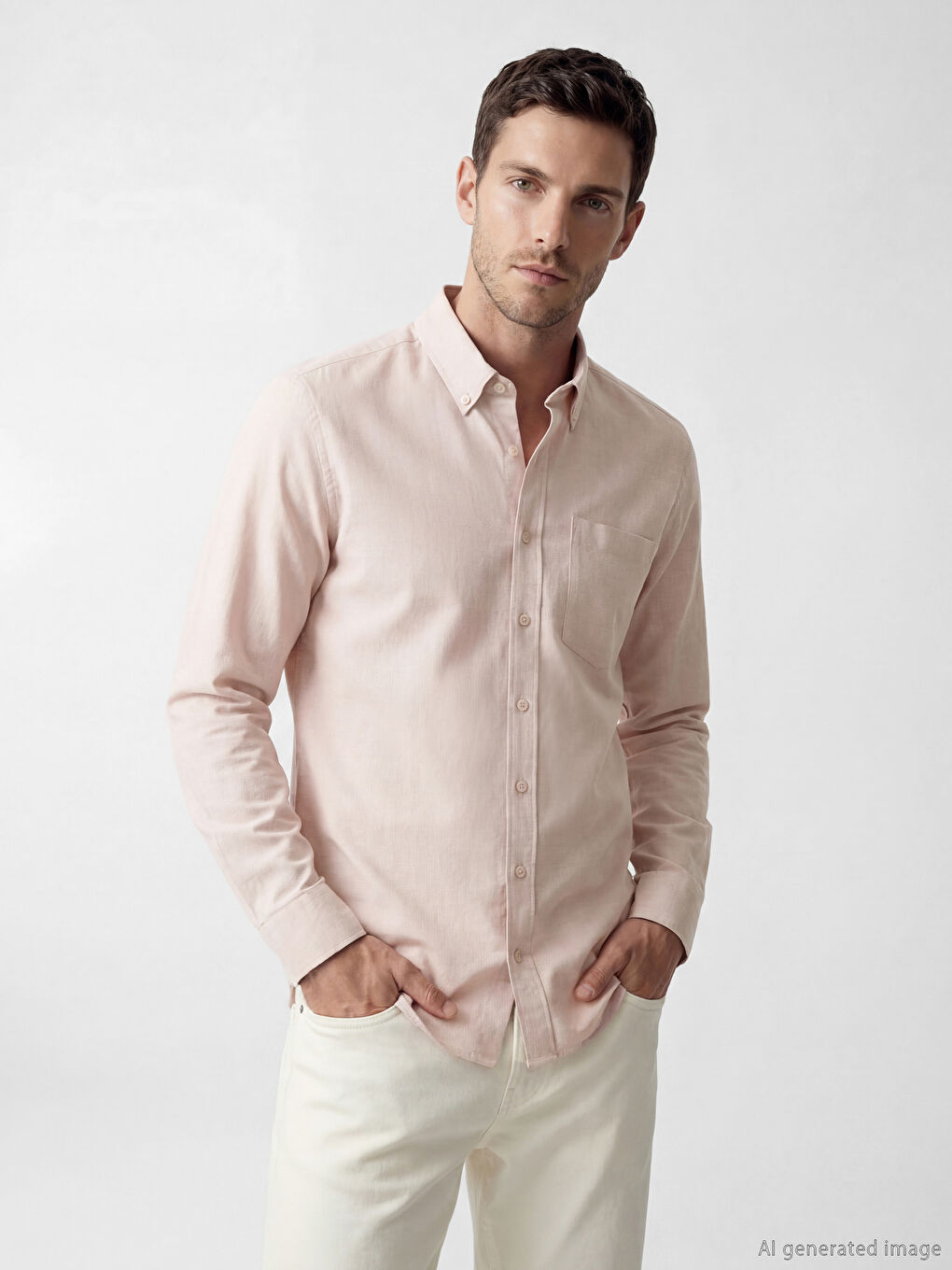Pembe Regular Fit Keten Görünümlü Erkek Gömlek