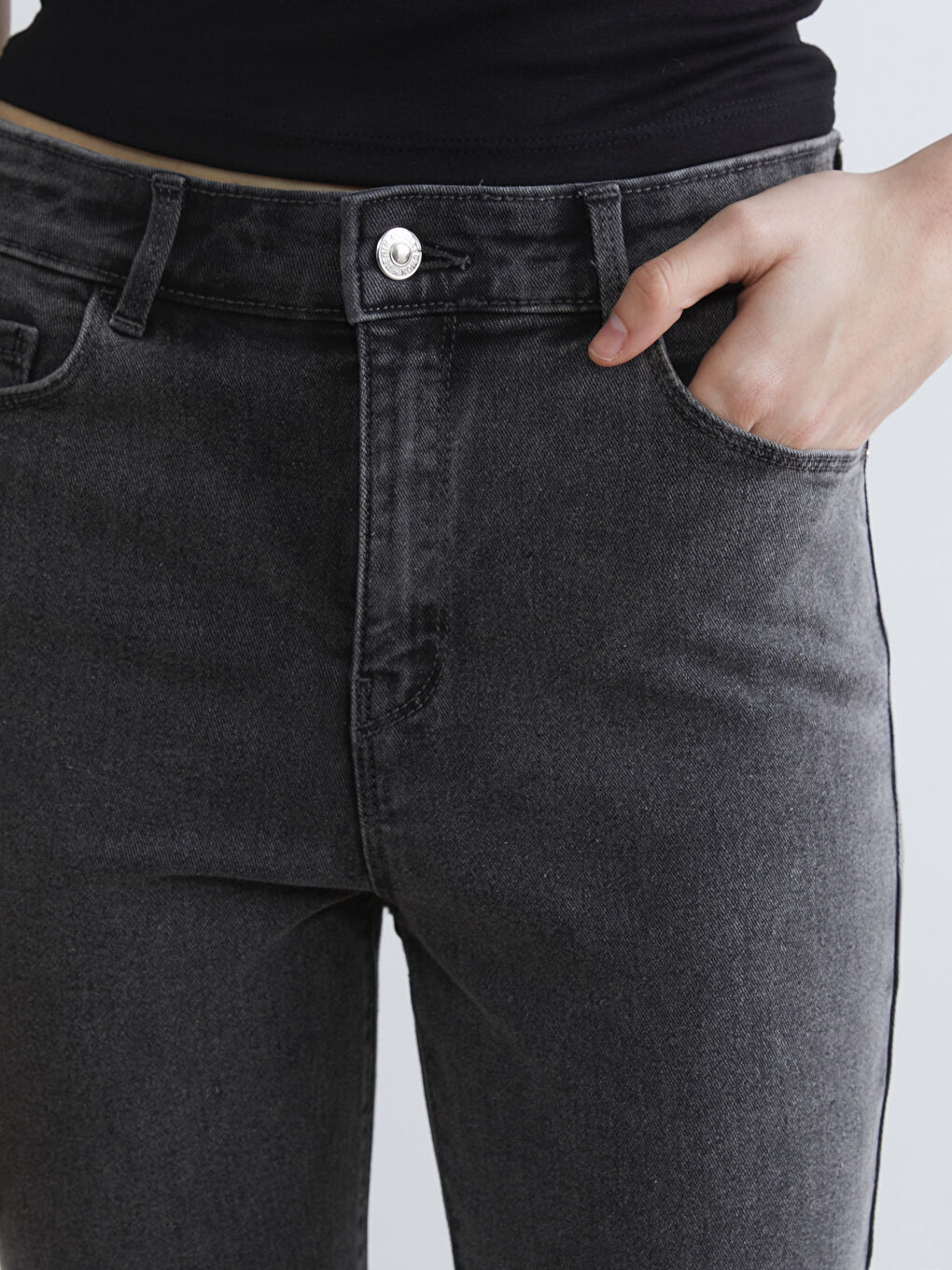 Gri Yüksek Bel Slim Fit Kadın Jean Pantolon-2