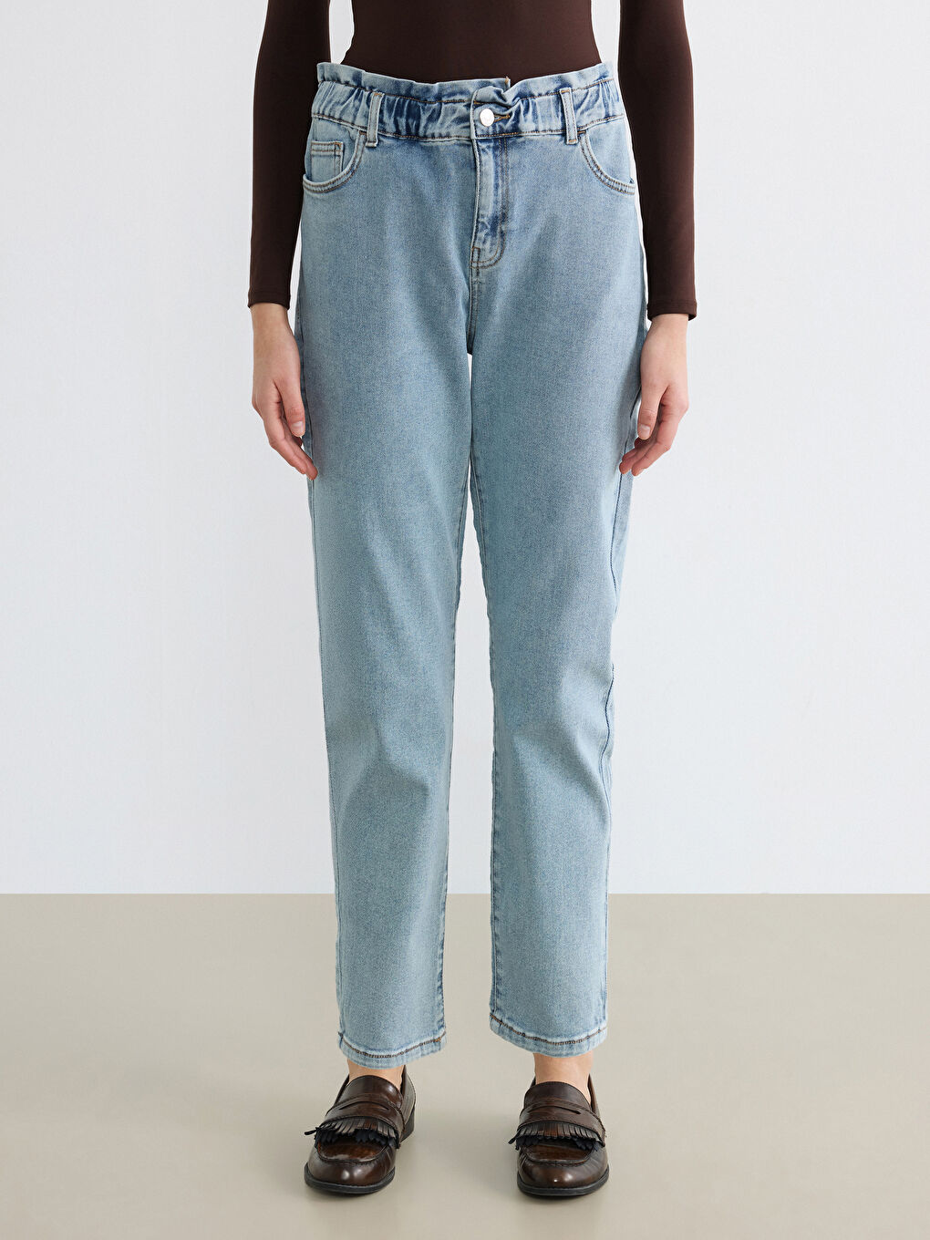 İndigo Beli Lastikli Slim Mom Kadın Jean Pantolon-1