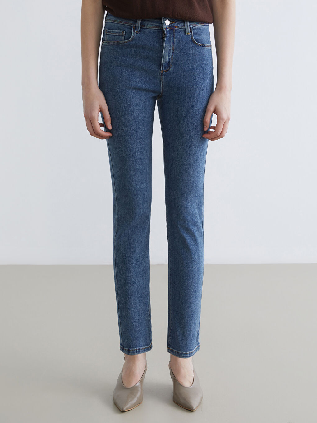 İndigo Yüksek Bel Slim Fit Kadın Jean Pantolon-1