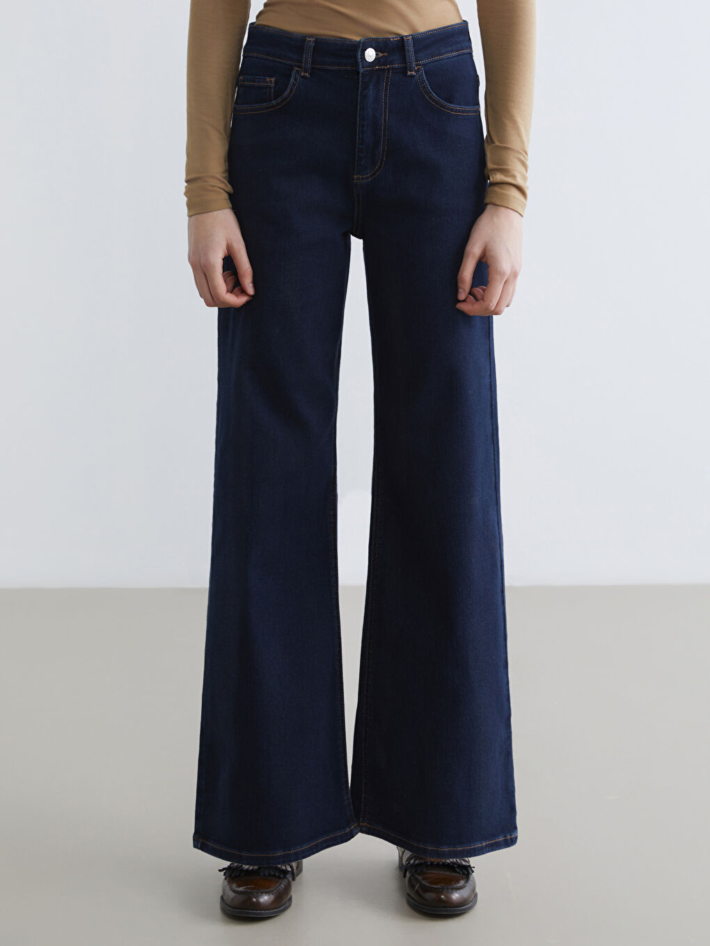 İndigo Yüksek Bel Wideleg Kadın Jean Pantolon-1