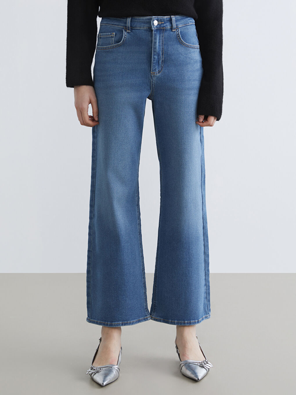 İndigo Yüksek Bel Wideleg Kadın Jean Pantolon-1