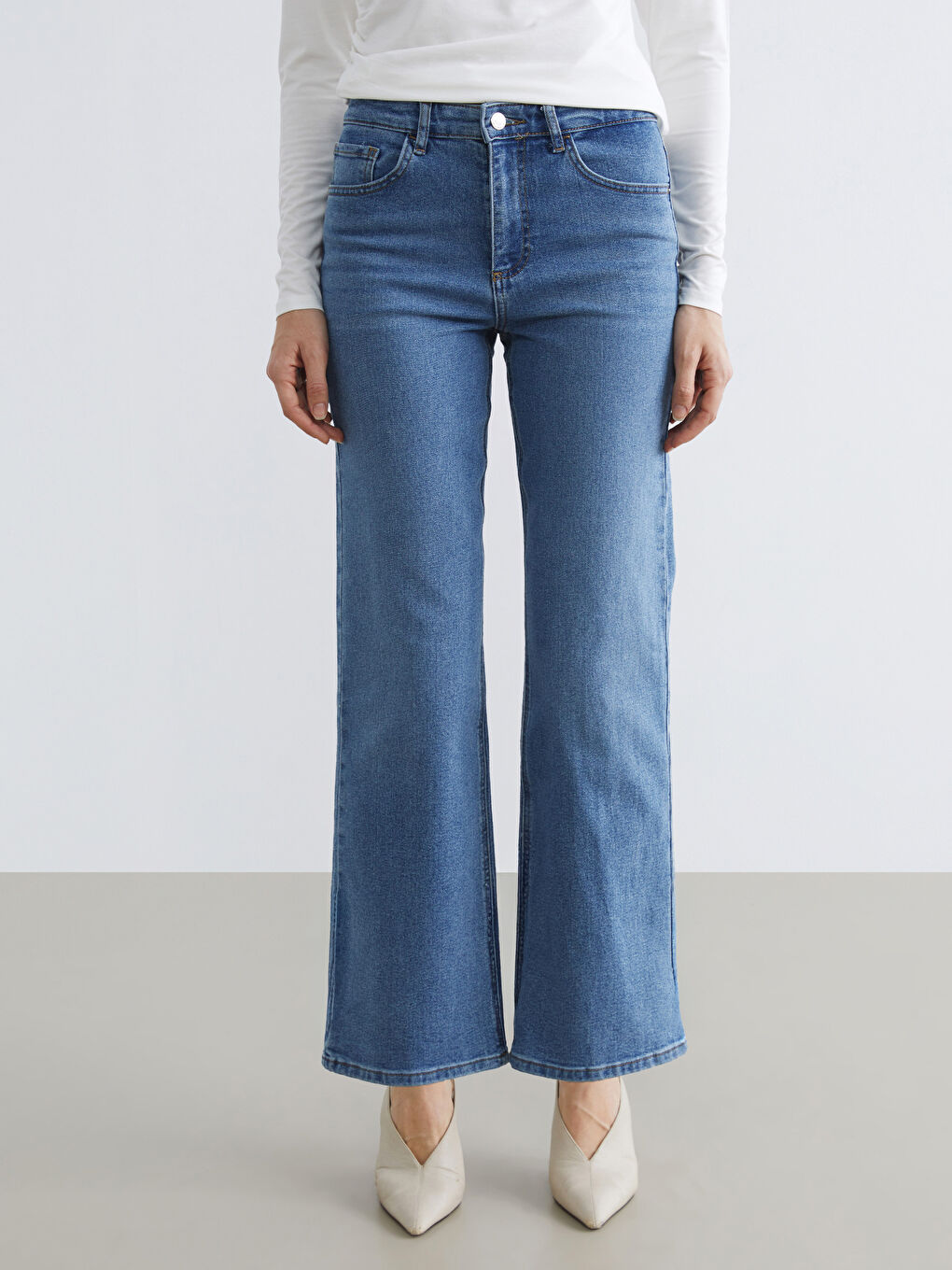 Mavi Yüksek Bel Wideleg Kadın Jean Pantolon-1