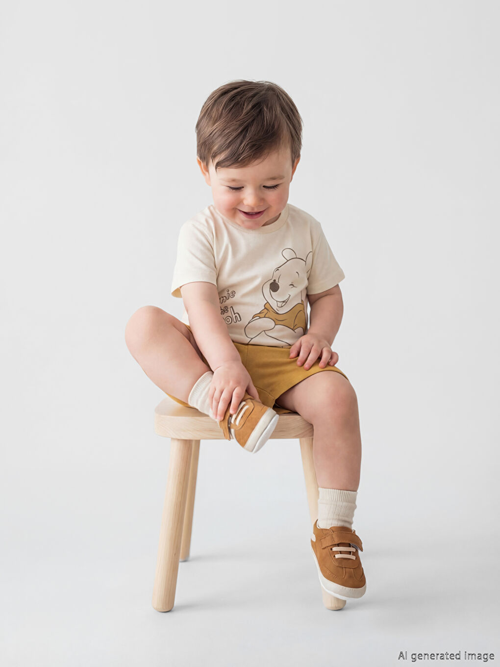 Ekru Winnie the Pooh Baskılı Erkek Bebek Tişört ve Şort-1